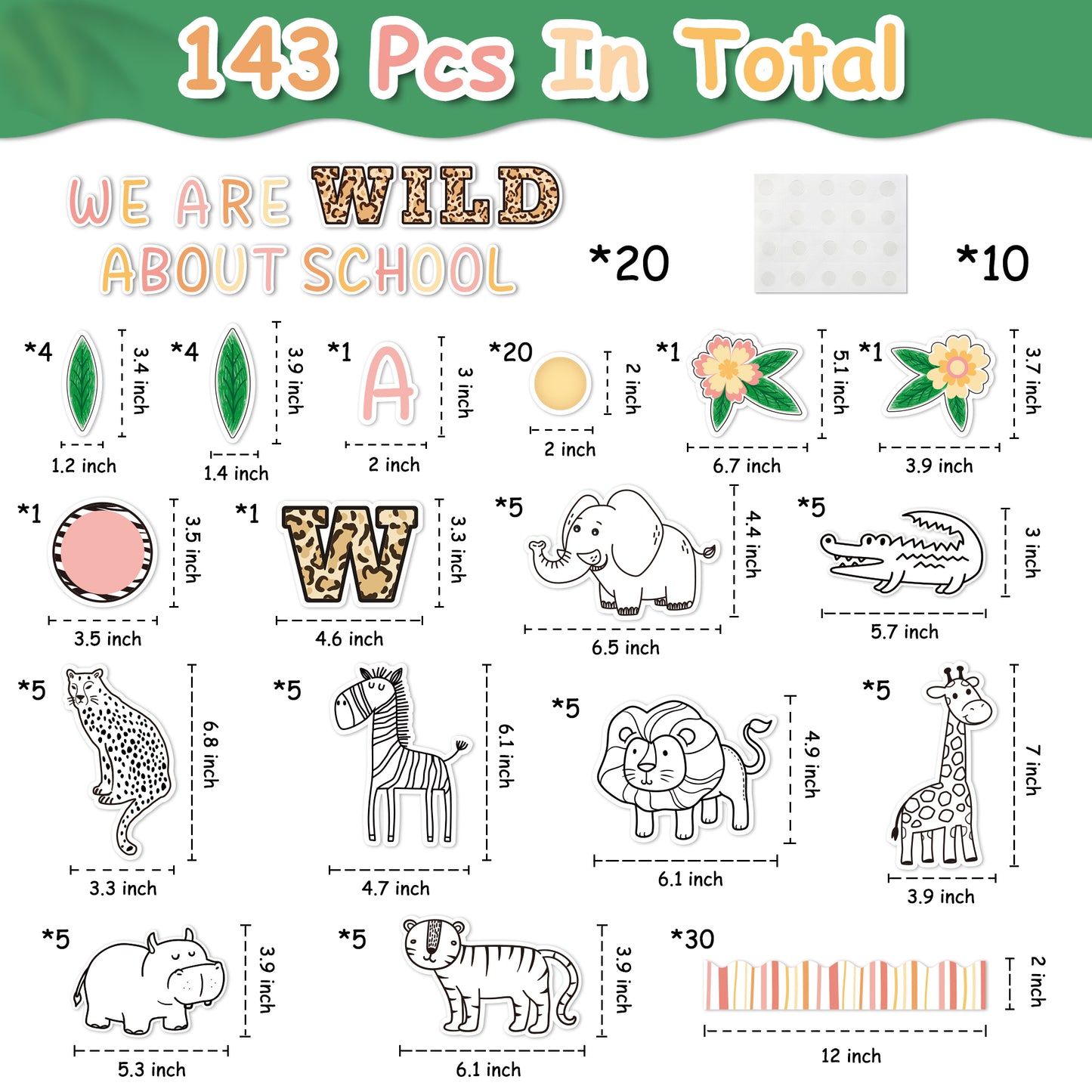 143Pcs Back to School Safari Animal Wild Colorful Bulletin Board Cutouts Classroom Decoration Set We are Wild About School Name Tags Cut Outs Jungle Animals Theme Party Supplies Back to School Gifts