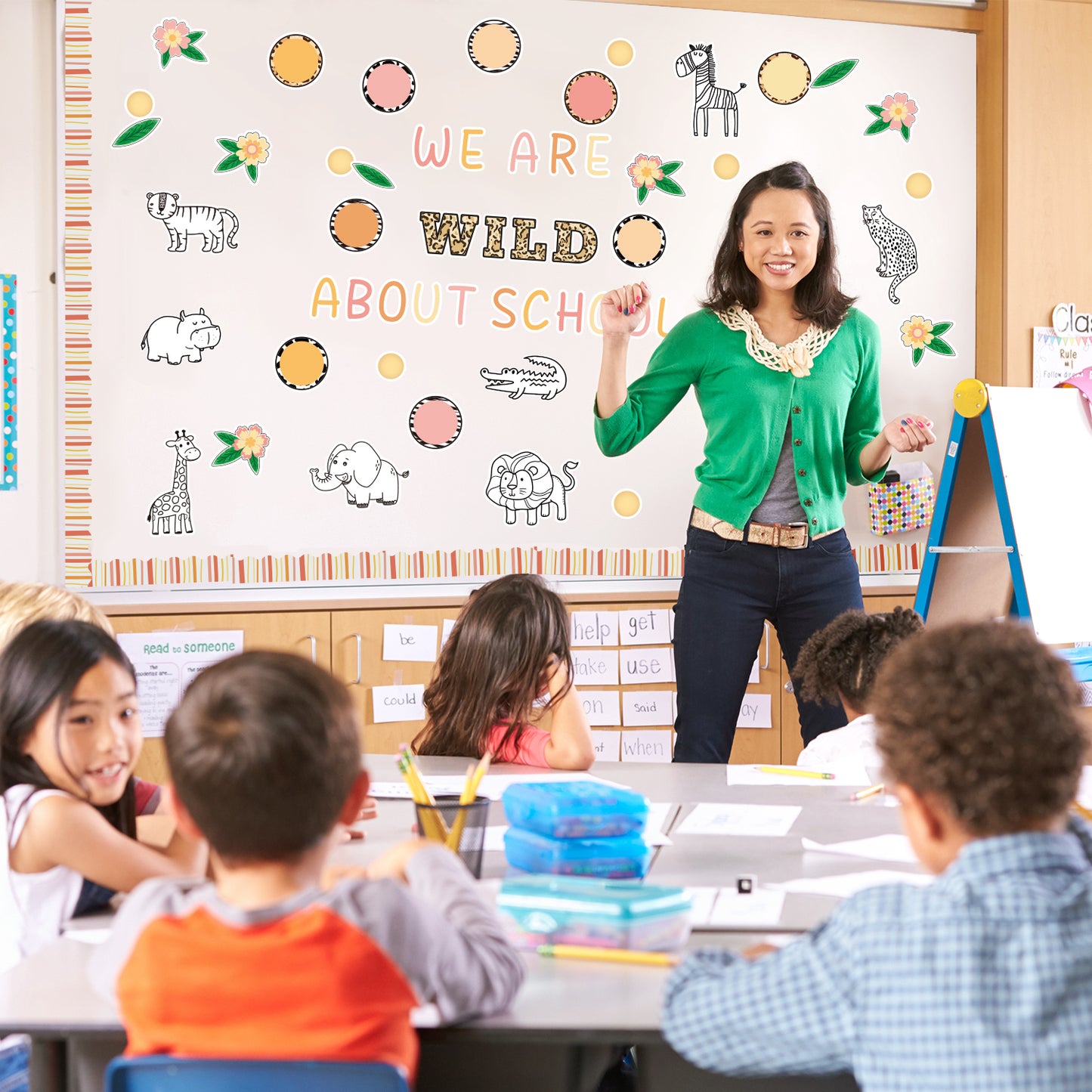 143Pcs Back to School Safari Animal Wild Colorful Bulletin Board Cutouts Classroom Decoration Set We are Wild About School Name Tags Cut Outs Jungle Animals Theme Party Supplies Back to School Gifts