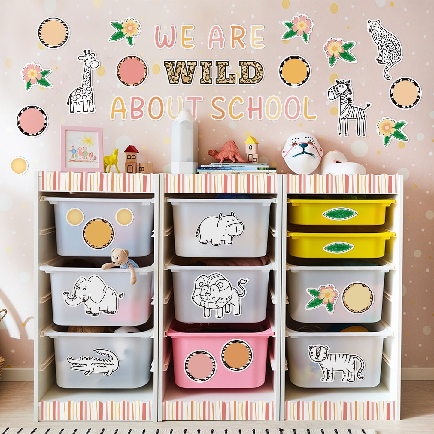 143Pcs Back to School Safari Animal Wild Colorful Bulletin Board Cutouts Classroom Decoration Set We are Wild About School Name Tags Cut Outs Jungle Animals Theme Party Supplies Back to School Gifts