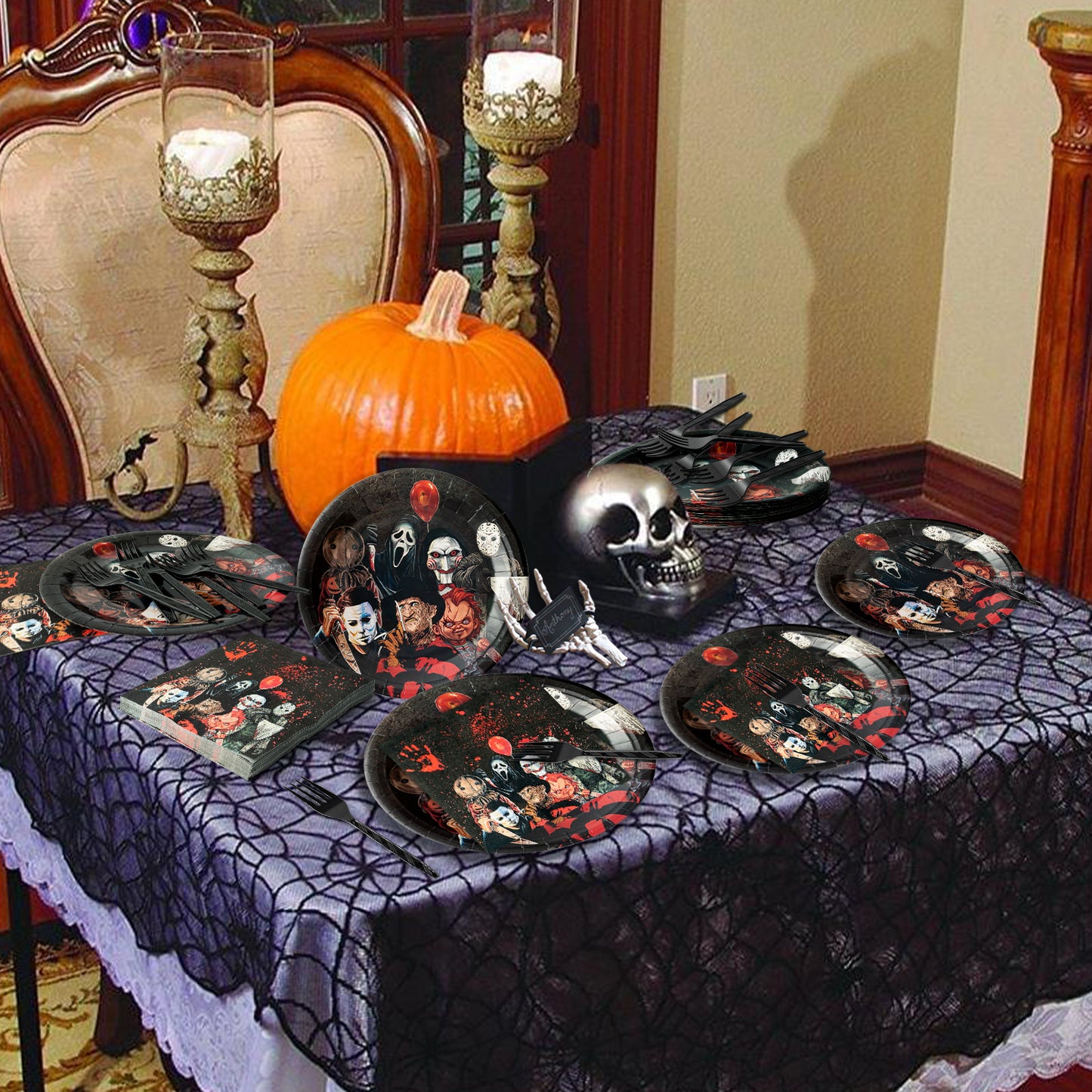 96Pcs Classic Horror Movie Characters Party Tableware Set Ghost Horror Themed Party Plates Forks Napkins Decorations Supplies for 24 Guests Party Favors or Birthday Party, Disposable Tableware Set