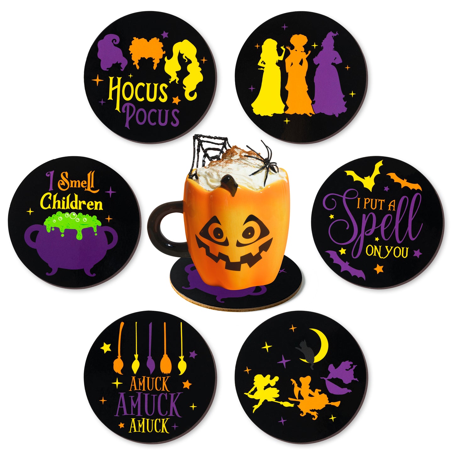 6Pcs Halloween Hocus Pocus Coasters with Cork Backing Black Cat Witch Hat Drink Coaster Reuseable Moisture Absorbing Coffee Coasters Housewarming Gift for Home Bar Decor in 3.9x3.9 Inch