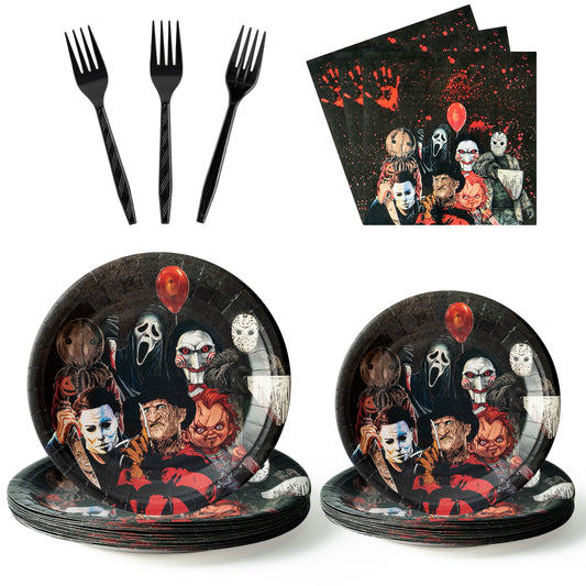 96Pcs Classic Horror Movie Characters Party Tableware Set Ghost Horror Themed Party Plates Forks Napkins Decorations Supplies for 24 Guests Party Favors or Birthday Party, Disposable Tableware Set