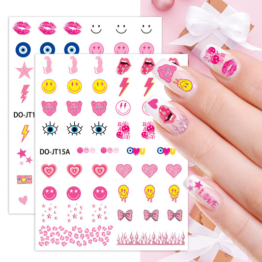 8 Sheets Preppy Aesthetic Nail Art Stickers Boho 3D Nail Art Tattoo Decals Colorful DIY Nail Art Decoration Smile Evil Eye Manicure Tips, Girls Pink Heart Y2K Summer Beach Nail Stickers for Kids Teens