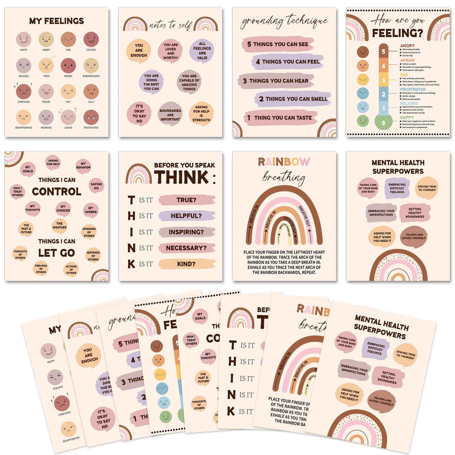 8Pcs Boho Rainbow Emotional Feelings Chart Posters For Kids Learning Posters, Calming Corner Classroom Posters Mental Health Therapy Posters, Feelings Chart For Toddlers Educational Posters For Home