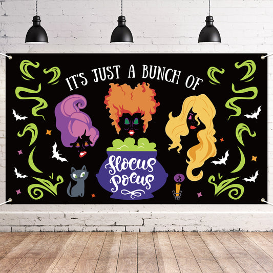 Halloween Witch Sisters Backdrop Banner Halloween Party Background Extra Large Backdrops Hocus Pocus Sisters Cat Cauldron Night Supplies for Indoor Outdoor Photo Booth Props