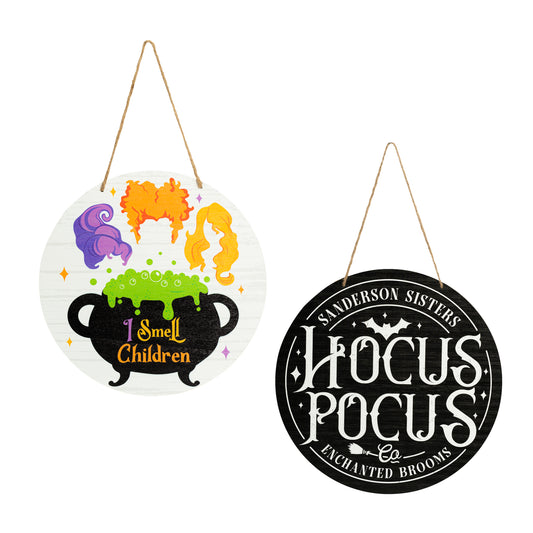 2Pcs Halloween Hocus Pocus Wood Hanging Decoration Door Sign Wall Decor, Horror Classic Witch Wooden Door Sign Hanging Decoration, Halloween Wall Wooden Door Sign Decor Front Door Horror Witch Pattern Indoor Outdoor