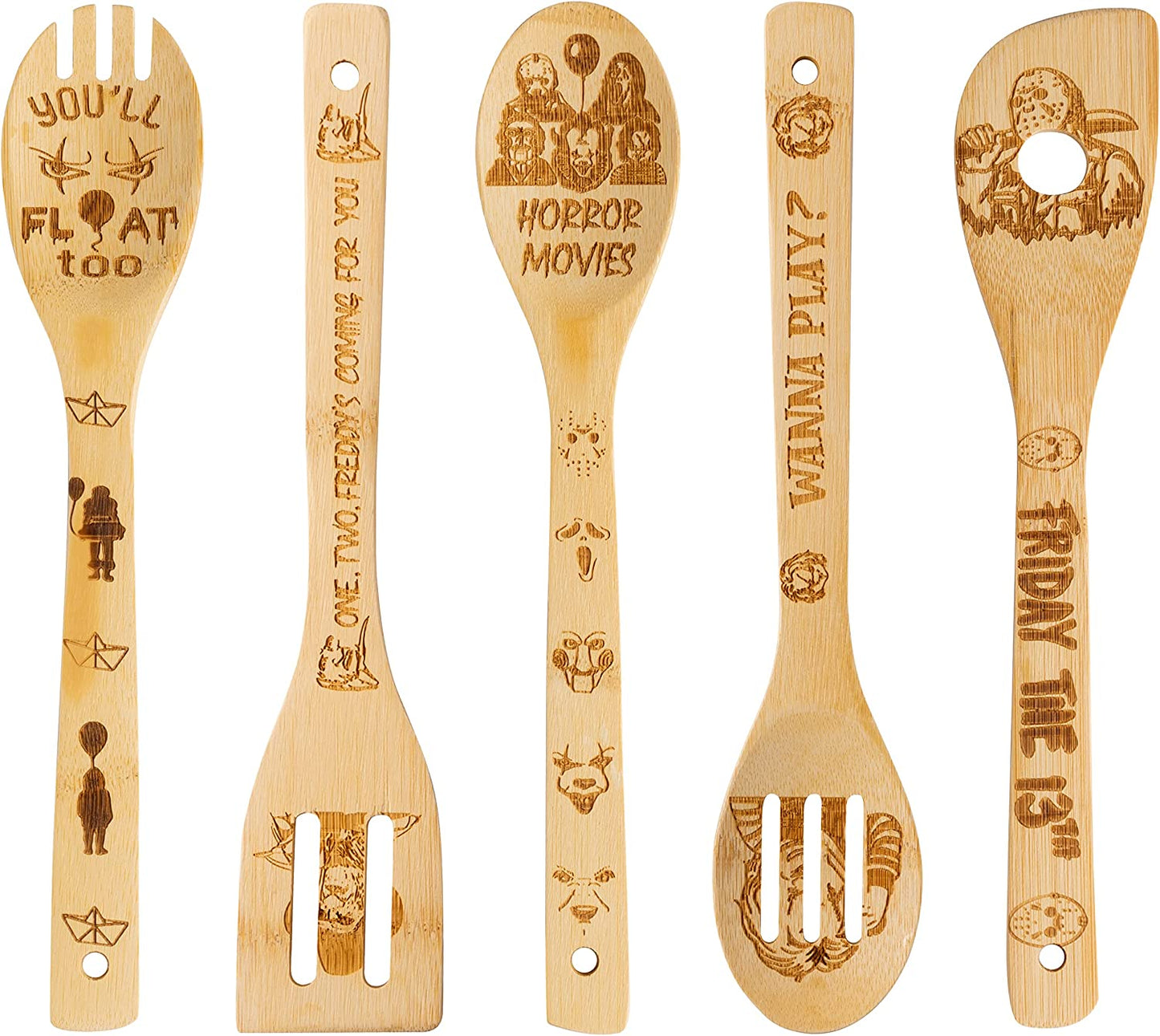 5Pcs Horror Classic Movie Character Bamboo Spoons Utensil Gift Set for Cooking, Cooking Engraved Patterns are Suitable for Kitchen, Great Kitchen Gifts for Birthday Party or Other Parties