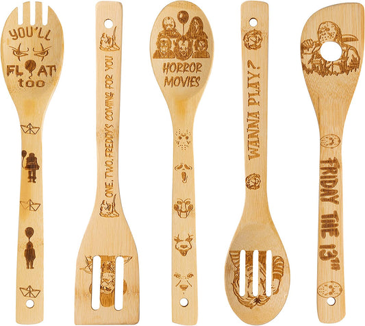 5Pcs Horror Classic Movie Character Bamboo Spoons Utensil Gift Set for Cooking, Cooking Engraved Patterns are Suitable for Kitchen, Great Kitchen Gifts for Birthday Party or Other Parties