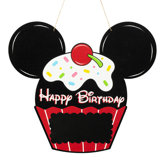 Happy Birthday Mouse Shaped Wood Door Sign Decor Cute Mouse Birthday Cupcake Wooden Hanging Welcome Door Sign, Mouse Pattern Personalized Name Birthday Gifts Birthday Party Supplies for Boys Girls