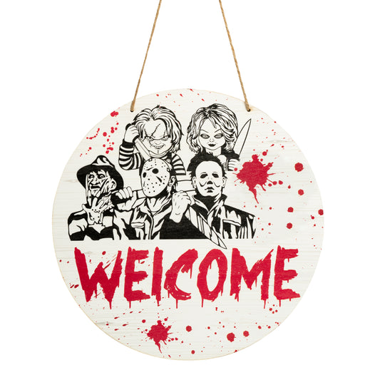 Halloween Horror Classic Movie Welcome Wooden Door Sign Hanging Decoration, Horror Welcome Sign for Front Door Sign Decor, Halloween Horror Movie Party Decoration for Indoor Outdoor Porch Walls Window