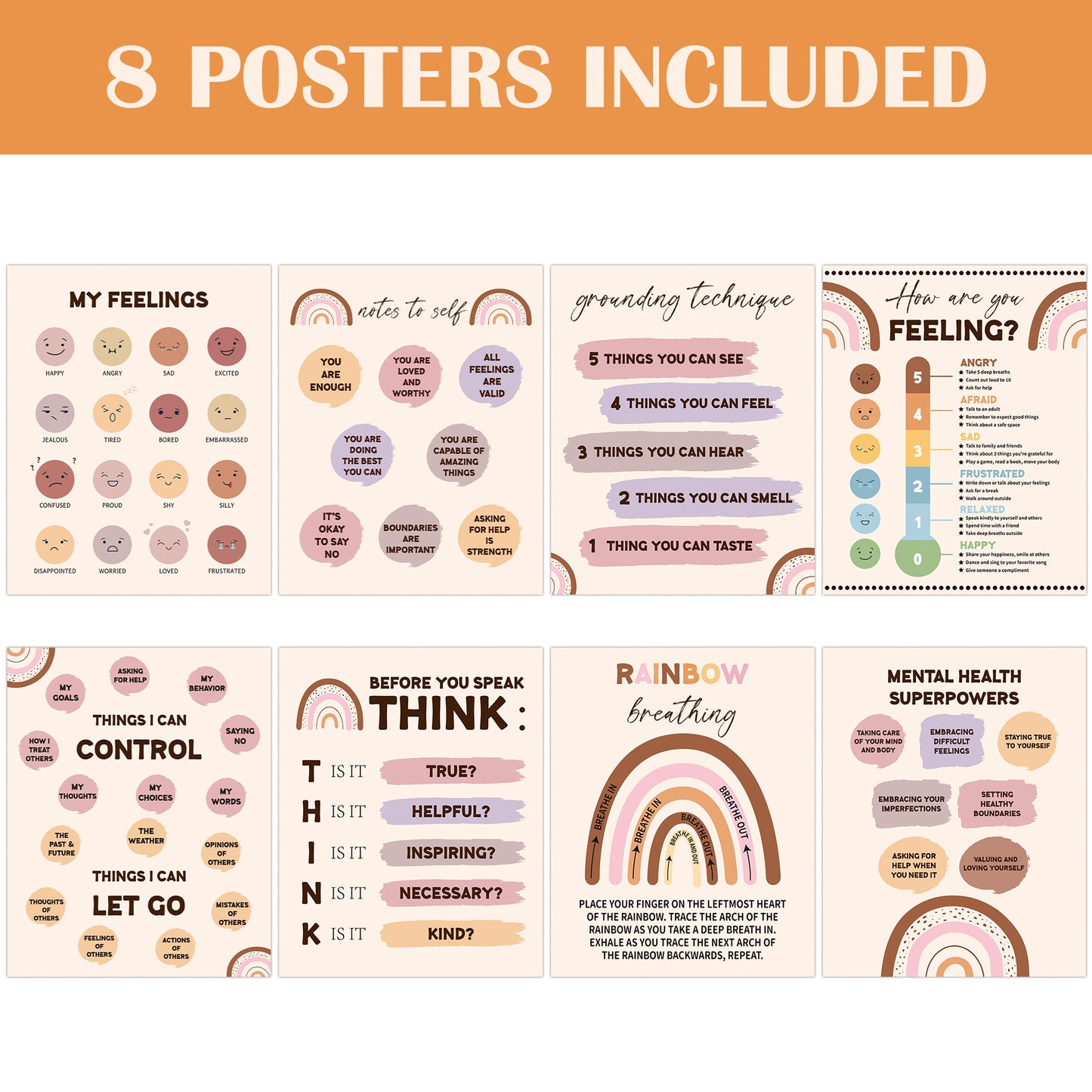 8Pcs Boho Rainbow Emotional Feelings Chart Posters For Kids Learning Posters, Calming Corner Classroom Posters Mental Health Therapy Posters, Feelings Chart For Toddlers Educational Posters For Home