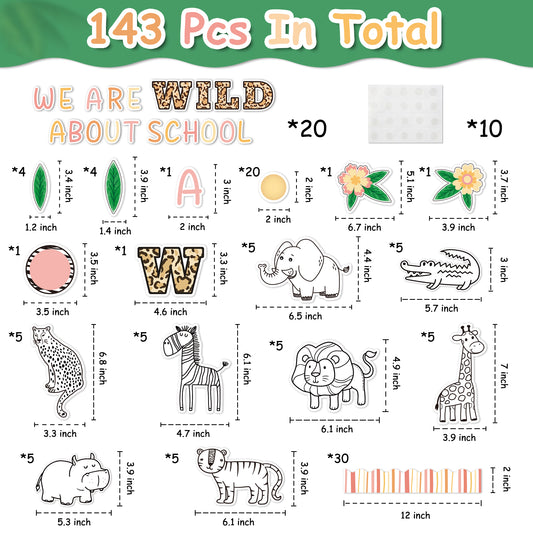 143Pcs Back to School Safari Animal Wild Colorful Bulletin Board Cutouts Classroom Decoration Set We are Wild About School Name Tags Cut Outs Jungle Animals Theme Party Supplies Back to School Gifts