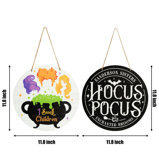 2Pcs Halloween Hocus Pocus Wood Hanging Decoration Door Sign Wall Decor, Horror Classic Witch Wooden Door Sign Hanging Decoration, Halloween Wall Wooden Door Sign Decor Front Door Horror Witch Pattern Indoor Outdoor