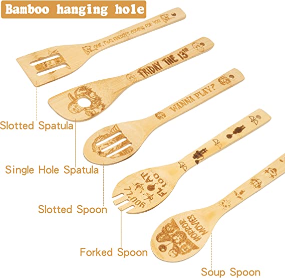 5Pcs Horror Classic Movie Character Bamboo Spoons Utensil Gift Set for Cooking, Cooking Engraved Patterns are Suitable for Kitchen, Great Kitchen Gifts for Birthday Party or Other Parties