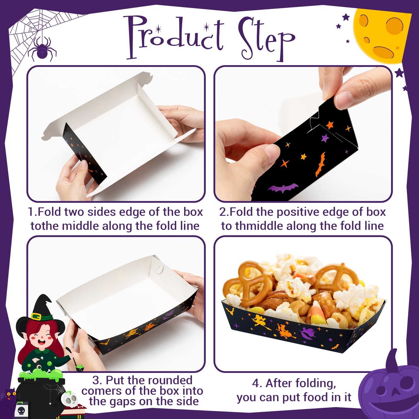 50P Halloween Witches Paper Serving Food Tray Halloween Hocus Pocus Snack Candy Holder Trays Disposable Popcorn Nacho Assembled Trays Food Container Halloween Decoration Trick or Treat Party Supplies