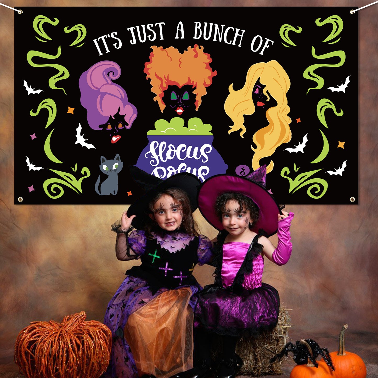 Halloween Witch Sisters Backdrop Banner Halloween Party Background Extra Large Backdrops Hocus Pocus Sisters Cat Cauldron Night Supplies for Indoor Outdoor Photo Booth Props