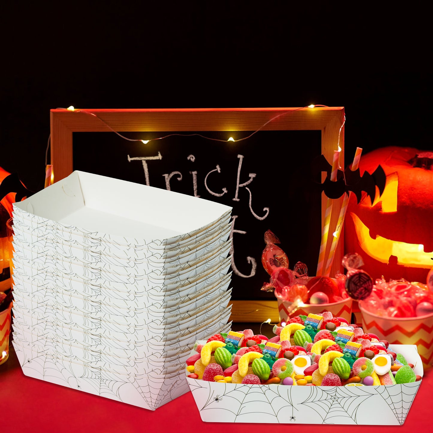 50P Halloween Christmas Nightmare Sally Paper Serving Food Tray Jack Snack Candy Tray Holder Disposable Halloween Popcorn Nacho Trays Food Container Halloween Decoration Trick or Treat Party Supplies