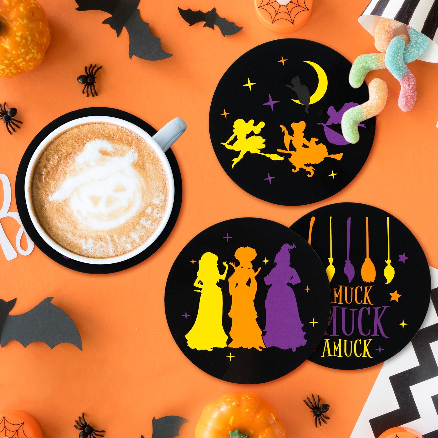 6Pcs Halloween Hocus Pocus Coasters with Cork Backing Black Cat Witch Hat Drink Coaster Reuseable Moisture Absorbing Coffee Coasters Housewarming Gift for Home Bar Decor in 3.9x3.9 Inch