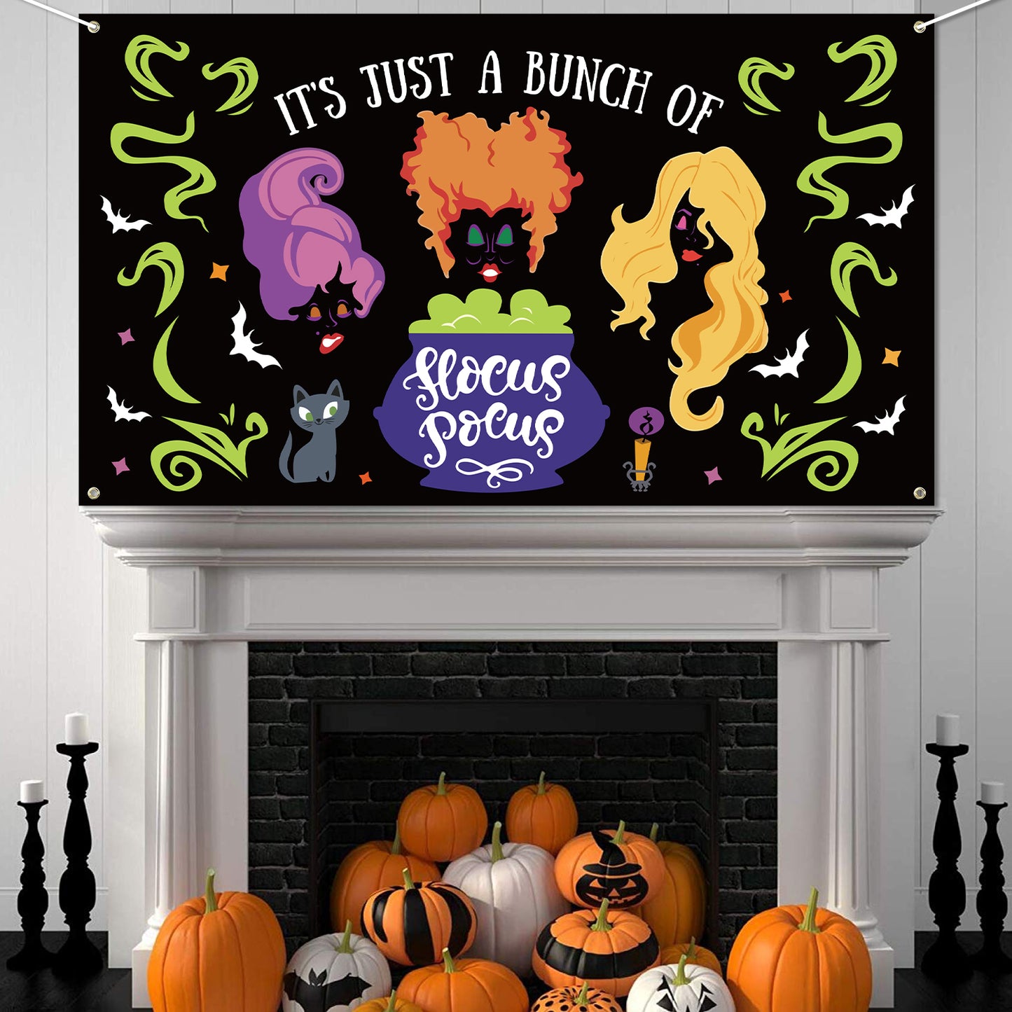 Halloween Witch Sisters Backdrop Banner Halloween Party Background Extra Large Backdrops Hocus Pocus Sisters Cat Cauldron Night Supplies for Indoor Outdoor Photo Booth Props