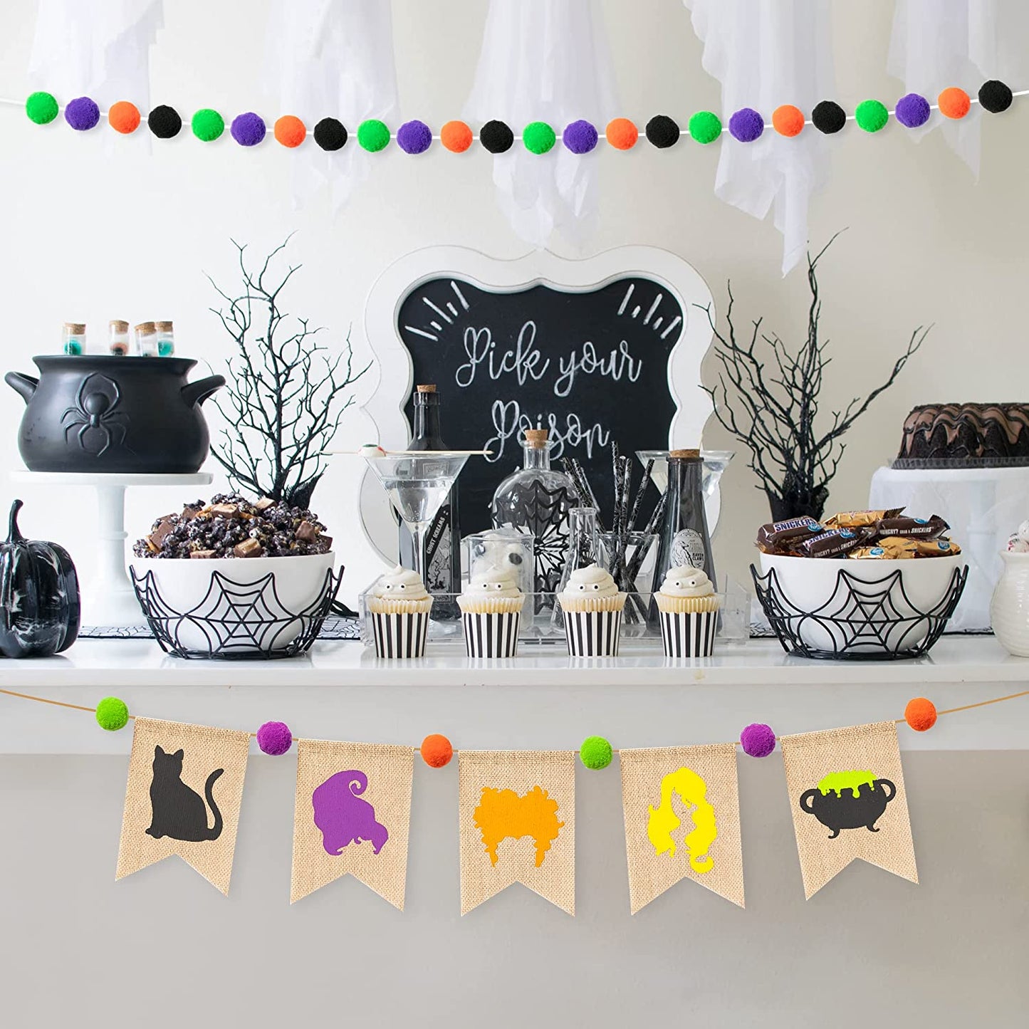 2Pcs Halloween Witch Burlap Banner Decoration Hocus Pocus Wall Hanging Burlap Banner Flag Pom Pom Felt Balls Garland Kit Halloween Witch Party Decor Fireplace Mantle Porch Wall Backdrops