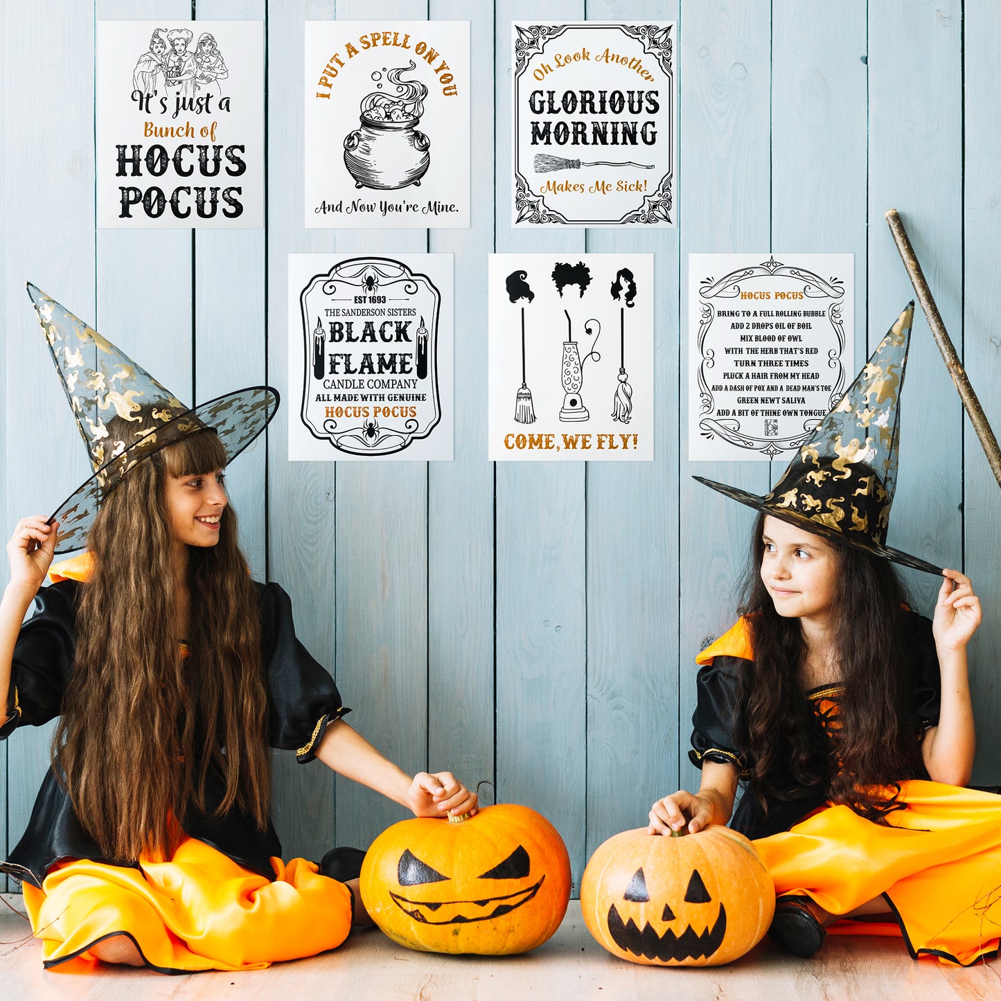 9Pcs Halloween Witches Decor Poster Print Set 8 x 10 inch Halloween Hocus Pocus White Black Wall Art Prints Poster Halloween Witch Black Cat Black Flame Home Wall Window Fireplace Staircase Decoration